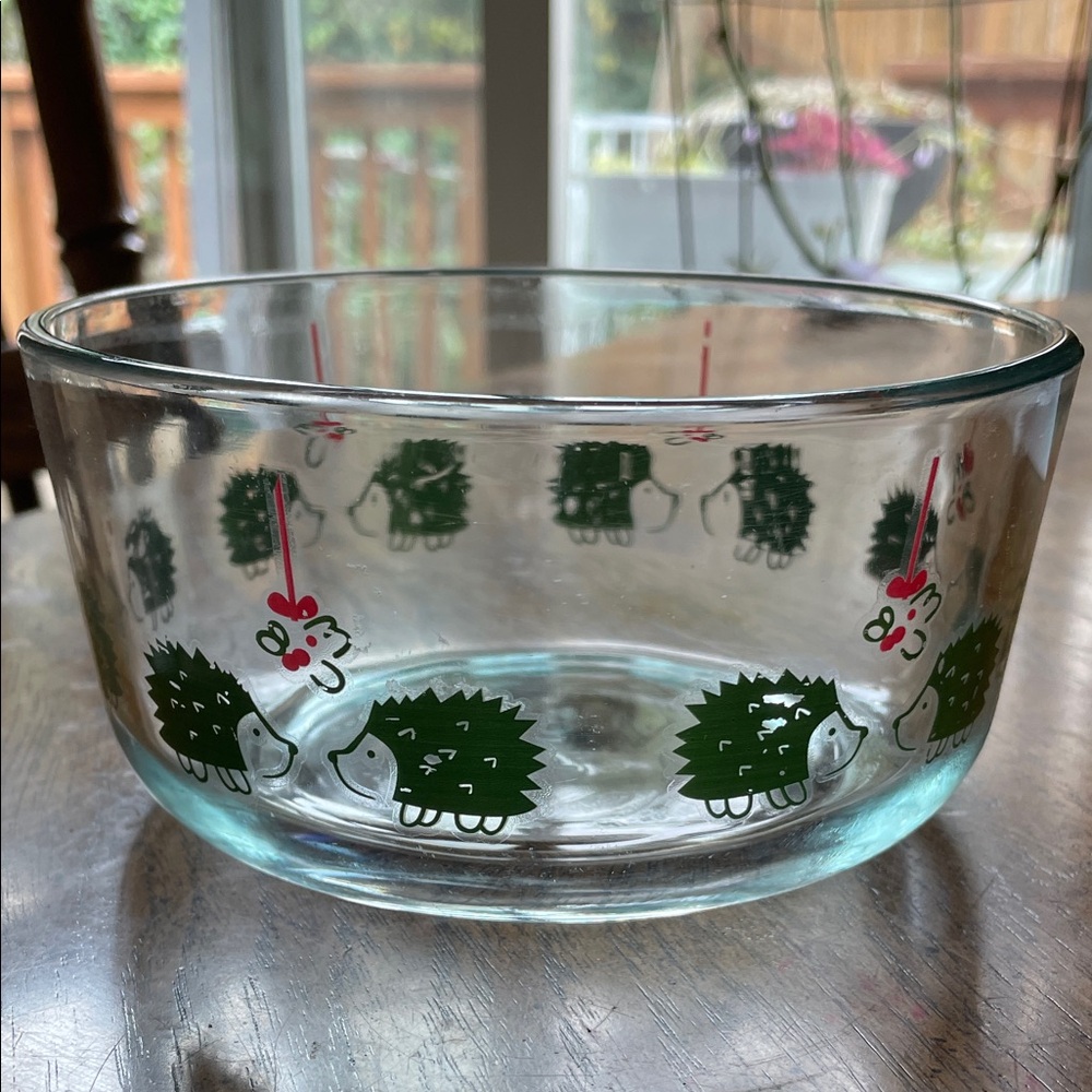 Pyrex Holiday Glass Bowl with Green and Red Hedgehogs